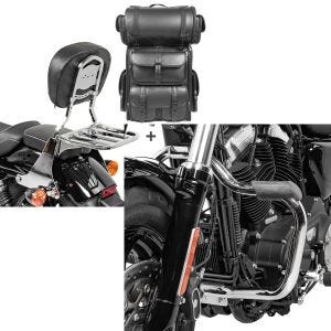 Set: Sissybar SB1 + Hecktasche LX für Harley Sportster 1200 Custom 04-20 abnehmbar mit Gepäckträger Craftride chrom + Sturzbügel für Harley Davidson Sportster 1200 Custom 04-20 Mustache chrom Craftride_1