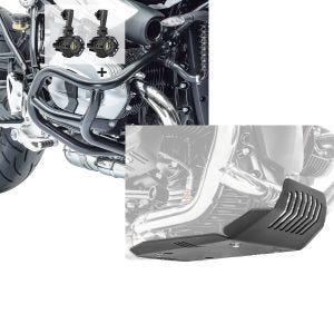 Set: Sturzbügel Set für BMW R NineT Scrambler 16-21 mit Zusatzscheinwerfer und Halterung Motoguard S-N1 + Motorschutz für BMW R NineT Scrambler 16-21 Motoguard Aluminium Bugspoiler Unterbodenschutz schwarz_1
