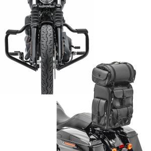 Set: Sturzbügel Mustache für Harley Davidson Softail 18-21 Schutzbügel 32mm schwarz Craftride + Sissybar Tasche für Harley Softail Fat Bob / 114 Hecktasche Craftride DLX mit Gepäckrolle_1
