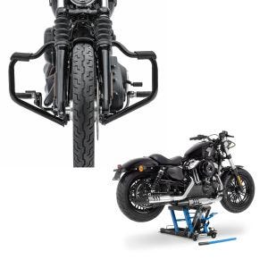 Set: Sturzbügel Mustache für Harley Davidson Softail 18-21 Schutzbügel 32mm schwarz Craftride + Hebebühne Harley Davidson Softail Fat Bob / 114 Motorradheber ConStands Mid-Lift L in blau_1