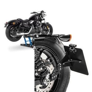 Set: Hebebühne Harley Davidson Sportster 883 Iron Motorradheber ConStands Mid-Lift L in blau + Seitlicher Kennzeichenhalter für Harley Sportster 883 Iron 09-20 Craftride schwarz_1