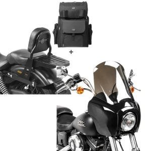 Set: Sissybar + Hecktasche für Harley Dyna Street Bob 09-17 abnehmbar mit Gepäckträger Craftride CSS + Frontverkleidung für Harley Dyna Low Rider / Street Bob Craftride MG5 mit Scheibe schwarz-rauchgrau_1