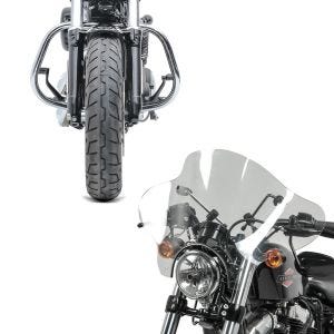 Set: Sturzbügel für Harley Davidson Sportster 1200 Custom 04-20 HS5 chrom Craftride + Windschild Batwing für Harley Sportster 1200 Custom 96-20 klar Craftride_1