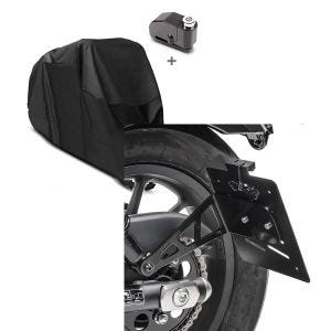 Set: Abdeckplane + Alarm Bremsscheibenschloss für Honda Rebel 500 Tourtecs + Kennzeichenhalter seitlich L für Honda Rebel 500 17-21 schwarz Craftride_1