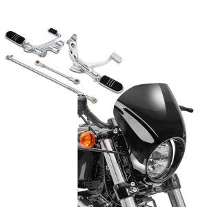 Set: Vorverlegte Fußrastenanlage für Harley Sportster 883 04-10 Craftride chrom + Scheinwerfer Frontmaske für Harley Davidson Sportster 883 95-10 schwarz Craftride_1