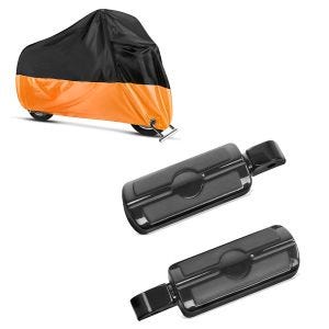 Set: Sozius Fussrasten für Harley Softail Street Bob 18-21 Craftride SF6 schwarz + Abdeckplane Harley Softail Street Bob / Fat Bob / 114 Craftride XXL in schwarz-orange_1
