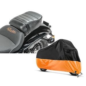 Set: Sozius Sitz mit Polsterung für Harley Sportster Forty-Eight 48/ 883 Iron Craftride + Abdeckplane Harley Sportster Forty-Eight 48 Special Craftride XXL in schwarz-orange_1