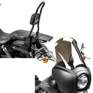 Set: Sissybar für Harley Davidson Street Bob 09-17/LR Craftride Fast Rider-L inkl. Gepäckträger schwarz + Frontverkleidung für Harley Dyna Street Bob 06-17 Craftride MG5 mit Scheibe schwarz-matt rauchgrau_1