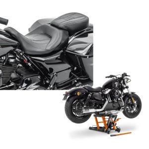 Set: Sitzbank für Harley Road King Special 17-21 Komfortsitzbank Craftride CV schwarz + Hebebühne Harley Davidson Road King Special ConStands Mid-Lift L in orange_1