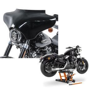 Set: Batwing Verkleidung für Harley Davidson Road King Classic / Special 98-21 Craftride schwarz + Hebebühne Harley Davidson Road King Special ConStands Mid-Lift L in orange_1