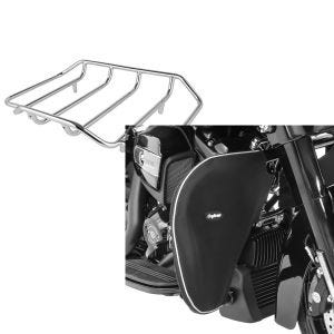 Set: Gepäckträger für Harley-Davidson Road King chrom Craftride + Sturzbügel Spritzschutz für Harley Road King 94-21 Beinwärmer Craftride_1