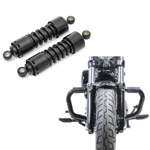 Set: Stoßdämpfer 11 Zoll Harley Sportster Forty-Eight 48 Federbeine von Craftride schwarz + Sturzbügel Mustache II für Harley Davidson Sportster Forty-Eight 48 10-20 Schutzbügel schwarz Craftride_1