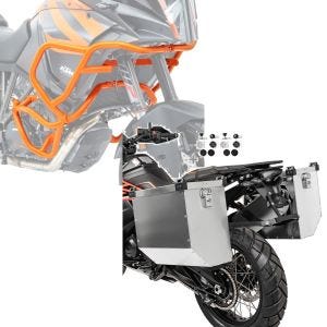 Set: Sturzbügel Set für KTM 1190 Adventure/ R 13-16 oben und unten Schutzbügel orange + Alukoffer Set für KTM 1090/ 1190 Adventure/ R, 125 Duke Bagtecs Atlas 36-41 L mit Haltesatz für Kofferträger_1