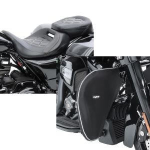 Set: Sitzbank für Harley Road King 09-21 Craftride RH3 schwarz-weiß + Sturzbügel Spritzschutz für Harley Road King 94-21 Beinwärmer Craftride_1