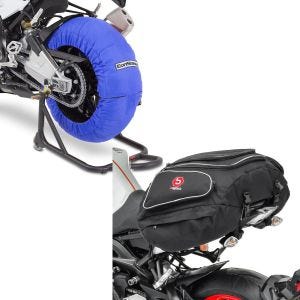 Set: Reifenwärmer Set für Yamaha YZF-R6 YZF-R1 ConStands Laguna Seca 60-80°C blau + Hecktasche Yamaha YZF-R6 Gepäcktasche hinten Bagtecs X50 50Ltr schwarz_1