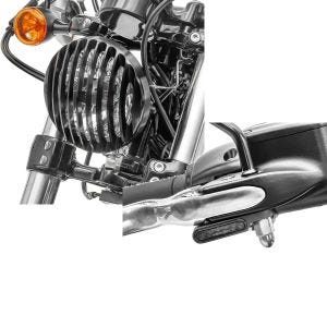 Set: Scheinwerfer Grill Harley Sportster Forty-Eight 48 Special 18-20 schwarz von Craftride + LED Lenkerblinker für Harley Davidson Sportster Forty-Eight 48 / Special Lumitecs Blinker M2 getönt_1