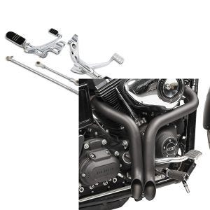 Set: Vorverlegte Fußrastenanlage für Harley Sportster 883 04-10 Craftride chrom + Craftride Auspuff Harley Davidson Sportster 883 86-10 Drag Pipe schwarz_1