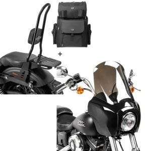 Set: Sissybar CSXL + Hecktasche für Harley Dyna Street Bob 09-17, Low Rider S abnehmbar mit Gepäckträger Craftride + Frontverkleidung für Harley Dyna Low Rider / Street Bob Craftride MG5 mit Scheibe schwarz-rauchgrau_1