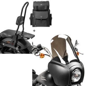 Set: Sissybar CSXL + Hecktasche für Harley Dyna Street Bob 09-17, Low Rider S abnehmbar mit Gepäckträger Craftride + Frontverkleidung für Harley Dyna Street Bob 06-17 Craftride MG5 mit Scheibe schwarz-matt rauchgrau_1