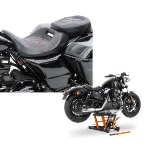 Set: Sitzbank für Harley Road King Special 17-21 Craftride RH3 schwarz-rot + Hebebühne Harley Davidson Road King Special ConStands Mid-Lift L in orange_1