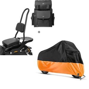 Set: Sissybar CSXL + Hecktasche für Harley Softail Street Bob 18-21 abnehmbar mit Gepäckträger Craftride + Abdeckplane Harley Softail Street Bob / Fat Bob / 114 Craftride XXL in schwarz-orange_1