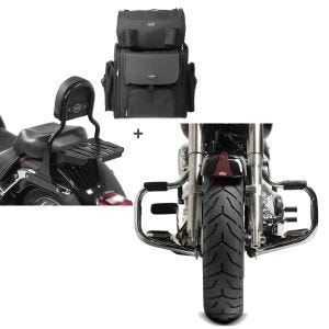 Set: Sissy Bar CL Fix + Hecktasche XL für Harley Fat Boy 07-17 mit Gepäckträger schwarz Craftride + Sturzbügel für Harley Davidson Fat Boy 2000-2017 Craftride Mustache chrom_1
