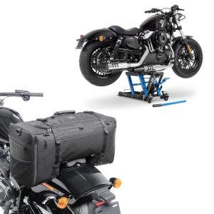 Set: Hebebühne Harley Davidson Dyna Fat Bob Motorradheber ConStands Mid-Lift L in blau + Hecktasche für Harley Dyna Fat Bob SQ1 Craftride 52l schwarz_1