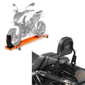 Set: Rangierschiene Harley Dyna Fat Bob ConStands Smart-Mover mit Wippe orange + Sissy Bar CSS Fix für Harley Dyna Fat Bob 10-17 schwarz Craftride_1