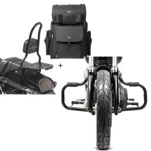Set: Sissy Bar CSL Fix + Hecktasche XL für Harley Dyna Fat Bob 10-17 mit Gepäckträger schwarz Craftride + Sturzbügel für Harley Davidson Dyna Fat Bob 08-17 Craftride Mustache schwarz_1