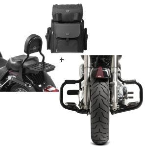 Set: Sissy Bar CL Fix + Hecktasche XL für Harley Fat Boy 07-17 mit Gepäckträger schwarz Craftride + Sturzbügel für Harley Davidson Fat Boy 2000-2017 Craftride Mustache schwarz_1