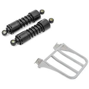 Set: Stoßdämpfer 11 Zoll Harley Sportster 883 Iron Federbeine von Craftride schwarz + Gepäckträger für Harley Sportster 883 Iron 09-20 chrom Craftride_1