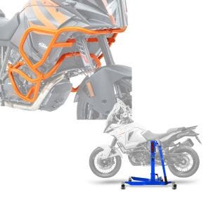 Set: Sturzbügel Set für KTM 1290 Super Adventure R / S / T 17-20 oben und unten Schutzbügel orange + Zentralständer KTM 1290 Super Adventure S 17-20 blau Motorradheber ConStands Power-Classic_1