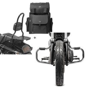 Set: Sissy Bar CSL Fix + Hecktasche XL für Harley Dyna Fat Bob 10-17 mit Gepäckträger schwarz Craftride + Sturzbügel für Harley Davidson Dyna Fat Bob 08-17 Craftride Mustache chrom_1