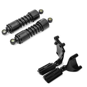 Set: Stoßdämpfer 11 Zoll Harley Sportster 883 Iron Federbeine von Craftride schwarz + Sozius Fussrasten Set mit Halter für Harley Sportster 883 Iron 14-20 BL1 Craftride_1