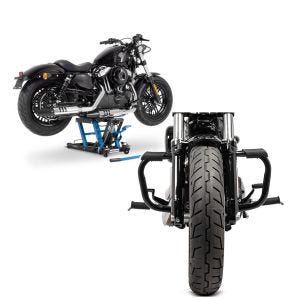 Set: Hebebühne Harley Davidson Sportster Forty-Eight 48 Motorradheber ConStands Mid-Lift L in blau + Sturzbügel für Harley Davidson Sportster Forty-Eight 48 (XL 1200 X) 10-20 Craftride Mustache schwarz_1