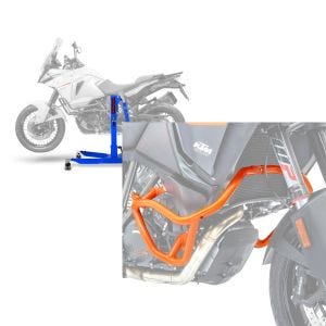 Set: Zentralständer KTM 1290 Super Adventure S 17-20 blau Motorradheber ConStands Power-Classic + Sturzbügel für KTM 1290 Super Adventure S 17-20 Motoguard Schutzbügel orange_1