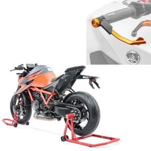 Set: Einarm Montageständer Set für KTM 1290 Super Duke GT 16-21 Motorradständer hinten vorne Constands CLR + Hebelschützer für KTM 1290 Super Duke GT / R X1 orange_1