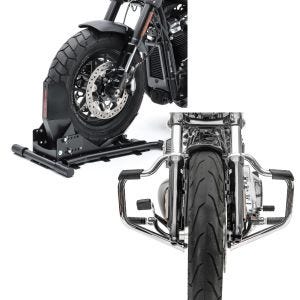 Set: Radwippe für Harley Softail Fat Bob / 114 Constands Easy Plus Vario einstellbar schwarz + Sturzbügel Mustache für Harley Davidson Softail 18-21 Schutzbügel 32mm chrome Craftride_1