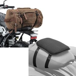 Set: Hecktasche Vintage 25L für Royal Enfield Classic 500 braun Craftride + Gel Sitzkissen Royal Enfield Classic 500 Komfortkissen S Tourtecs schwarz_1