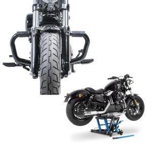 Set: Sturzbügel Mustache II für Harley Davidson Sportster Forty-Eight 48 10-20 Schutzbügel schwarz Craftride + Hebebühne Harley Davidson Sportster Forty-Eight 48 Motorradheber ConStands Mid-Lift L in blau_1