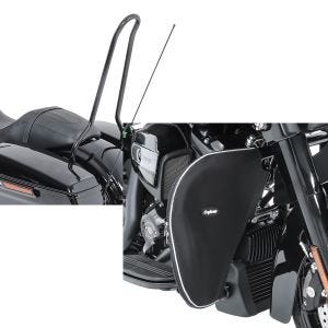 Set: Sissybar für Harley Street Glide 14-21 Craftride Solo schwarz + Sturzbügel Spritzschutz für Harley Street Glide 06-21 Beinwärmer Craftride_1