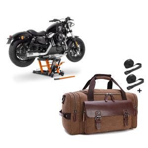 Set: Hebebühne Harley Davidson Rocker / C ConStands Mid-Lift L in orange + Hecktasche für Harley Rocker / C Craftride RT3 inkl. Spanngurte braun_1
