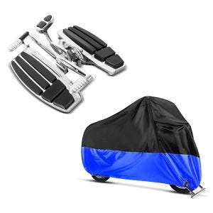Sett: kjørebrett for fører egnet for Honda Goldwing GL 1800 / F6B / F6C 01-16 fotstøtter krom Craftride + presenning egnet for Honda Gold Wing 1800 / 1500 / F6B Craftride XXXL svart-blå