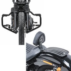 Set: Sturzbügel Mustache für Harley Davidson Softail 18-21 Schutzbügel 32mm schwarz Craftride + Set Fahrer Rückenlehne Gepäckträger für Harley Softail Standard 20-21 Craftride Sissybar_1