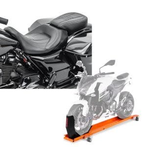 Set: Sitzbank für Harley Road King Classic 09-19 Komfortsitzbank Craftride CV schwarz + Rangierschiene Harley Road King / Classic ConStands Smart-Mover mit Wippe orange_1