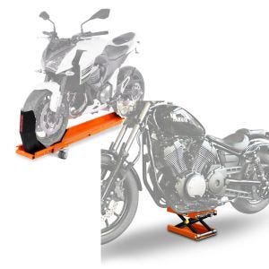 Set: Rangierschiene Harley Rocker / C ConStands Smart-Mover mit Wippe orange + Hebebühne Harley Rocker / C Motorradheber ConStands Mid-Lift M orange_1