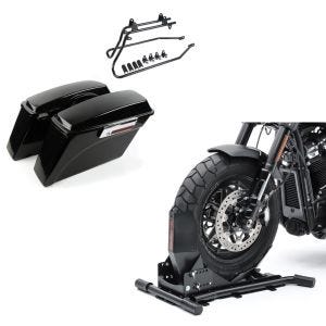 Set: Seitenkoffer für Harley Davidson Fat Boy 90-17 Craftride inkl. Kofferträger schwarz + Radwippe für Harley Fat Boy / 114 Constands Easy Plus Vario einstellbar schwarz_1