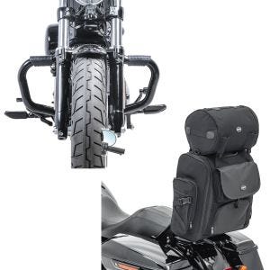 Set: Sturzbügel Mustache II für Harley Davidson Sportster Forty-Eight 48 Special 18-20 Schutzbügel schwarz Craftride + Sissybar Tasche für Harley Sportster Forty-Eight 48 / Special Hecktasche Craftride SXL mit Gepäckrolle_1