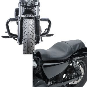 Set: Sturzbügel Mustache II für Harley Davidson Sportster Forty-Eight 48 10-20 Schutzbügel schwarz Craftride + Doppel Sitzbank für Harley Davidson Sportster Forty-Eight 48 10-20 BL Sitz Craftride_1