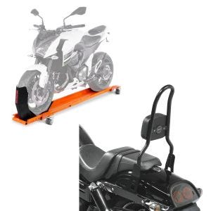 Set: Rangierschiene Harley Dyna Fat Bob ConStands Smart-Mover mit Wippe orange + Sissy Bar CSL Fix für Harley Dyna Fat Bob 10-17 schwarz Craftride_1